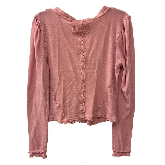 We The Free Women Cardigan Pink Cotton Blend Long Sleeve Button Ruffle Top Large - Picture 4 of 11